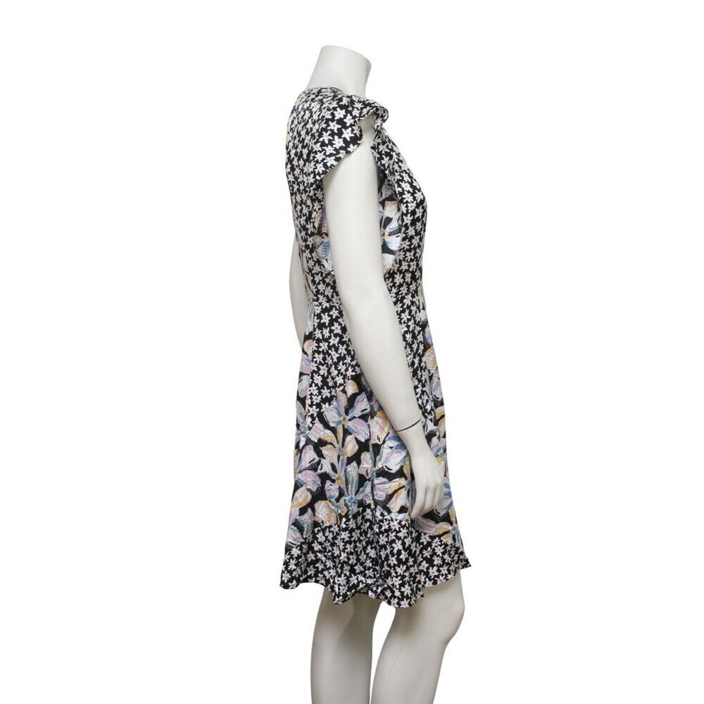 Rebecca Taylor Black Bow Fleur Mixed Print Silk Ruffle Sleeve Dress Size 8 - Picture 3 of 8